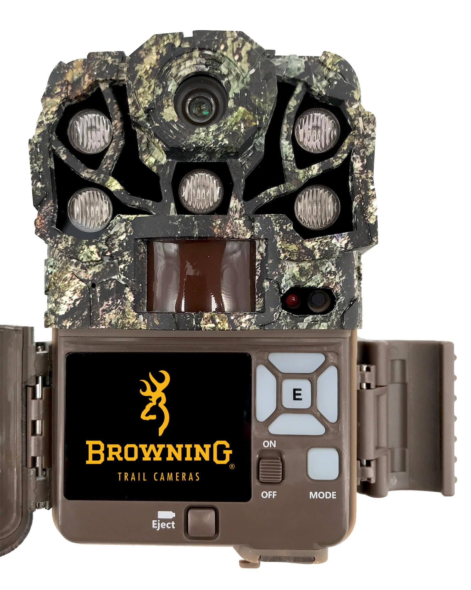 Browning trail camera opened showing the control screen, buttons and on/off switch