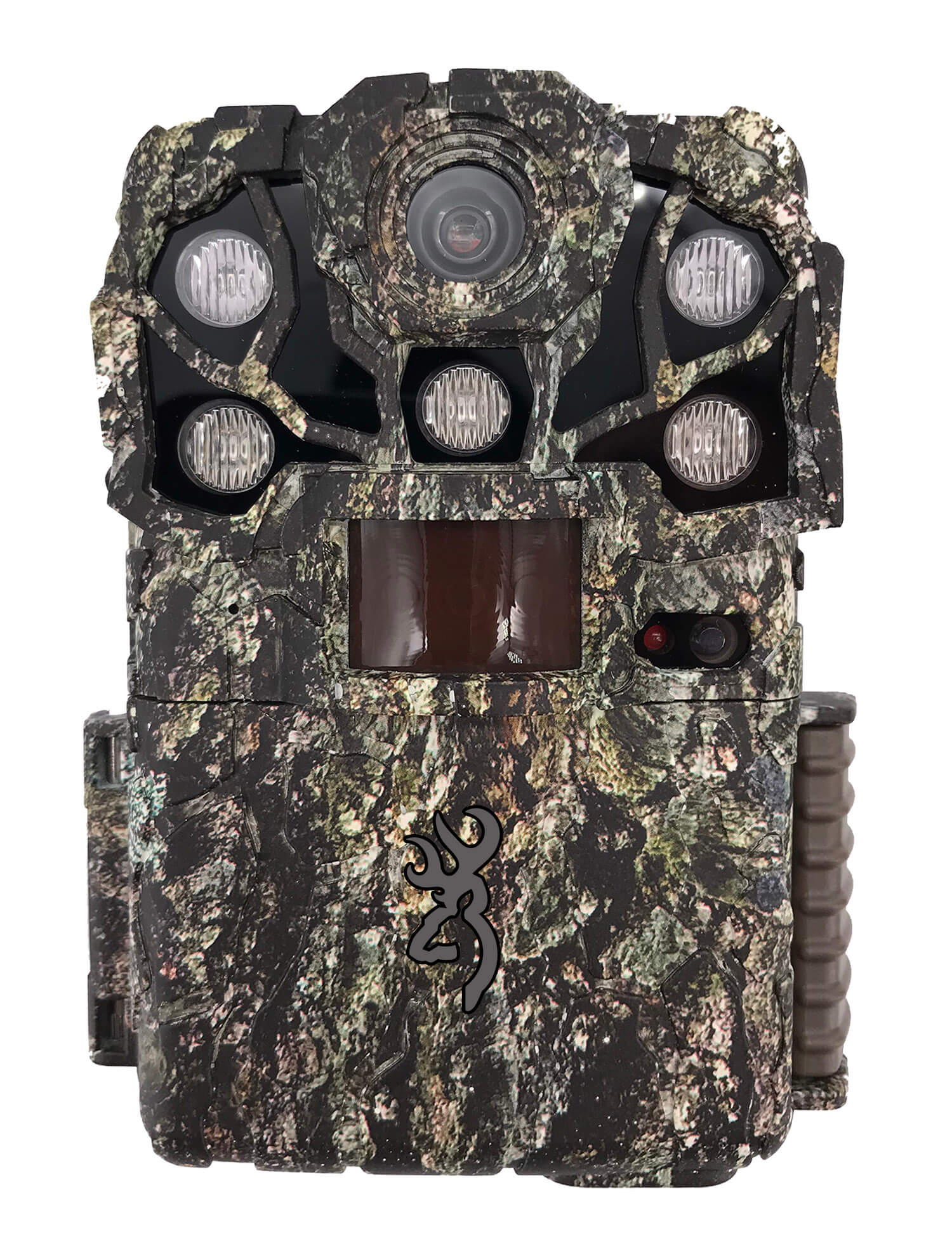 Browning trail camera, front view with camouflage casing, lens and infrared LEDs