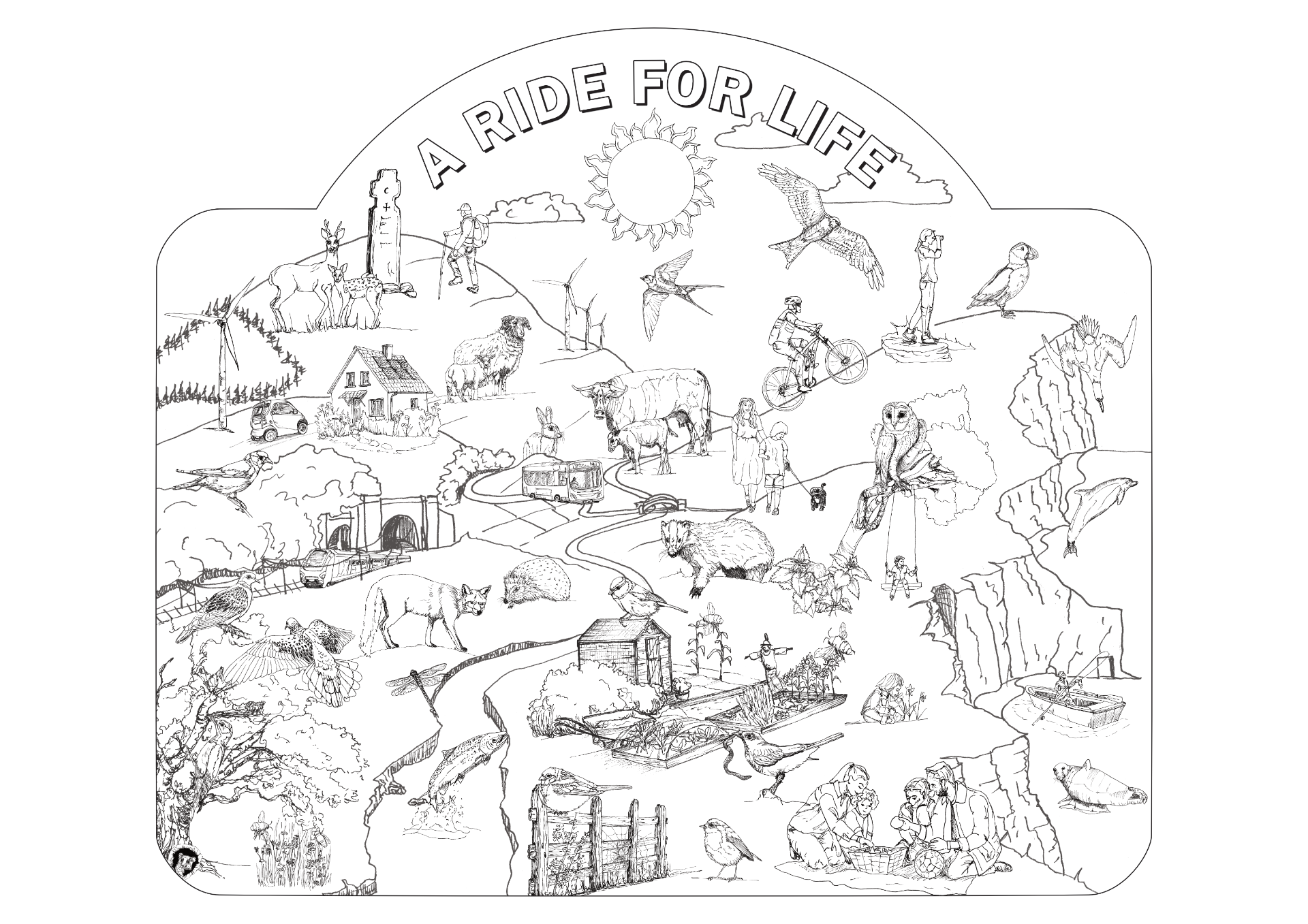 A Ride For Life - the full scene line drawing