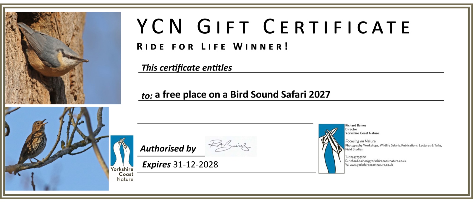 Yorkshire Coast Nature gift certificate for a free place on a Bird Sound Safari 2027, signed by Richard Baines