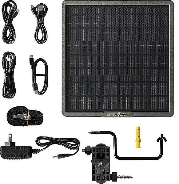 Full solar panel kit including cables, mains adapter, strap and tree mount
