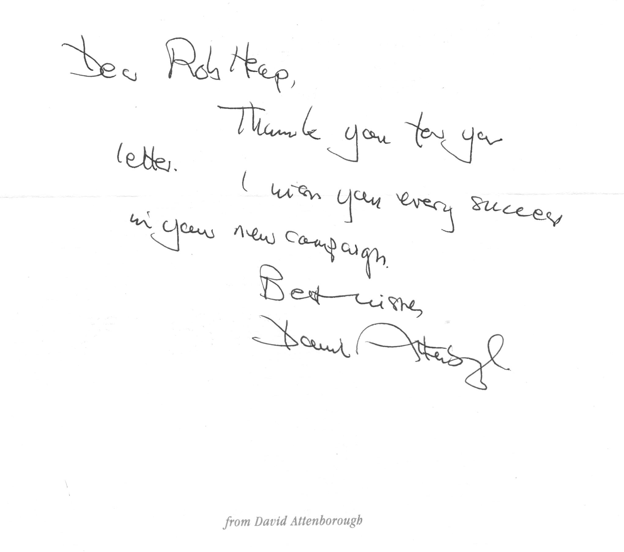 Handwritten note from Sir David Attenborough wishing A Ride For Life every success in its new campaign.