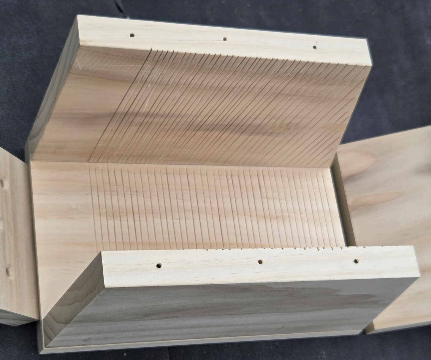 Inside of the nest box showing horizontal climbing grooves scored into the front and back panels